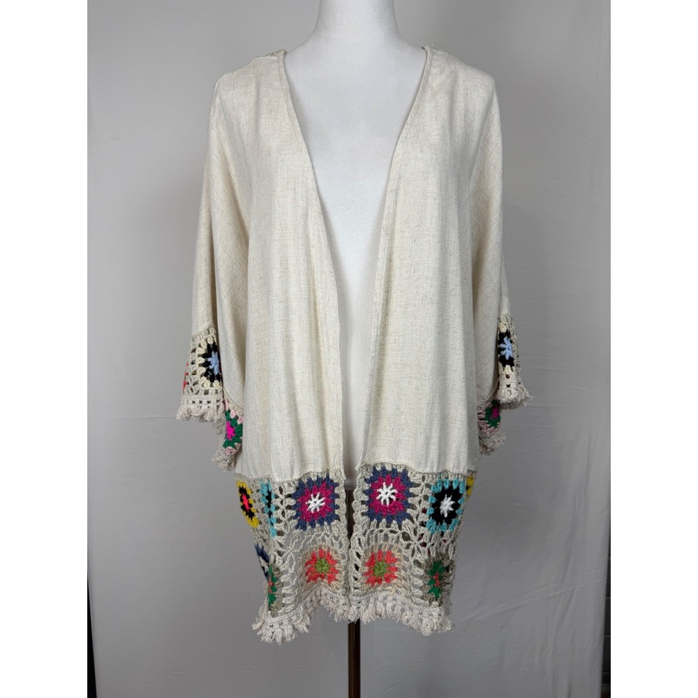 Umgee Crochet Trim‎ Kimono Women Medium Cream Boho Linen Blend Cardigan